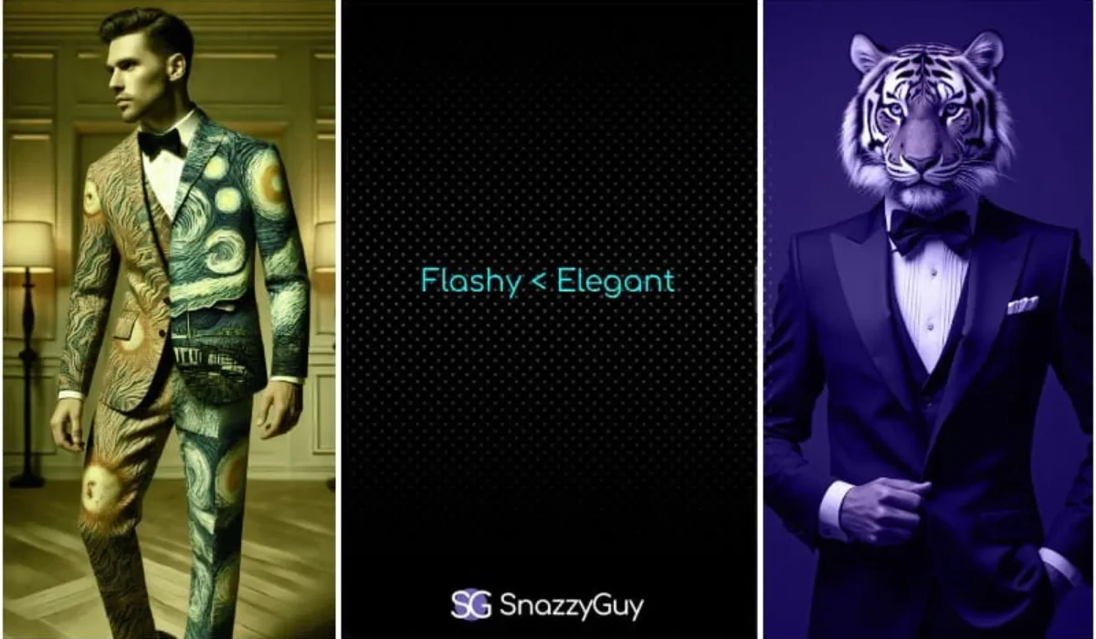 Side-by-side image showing a flashy patterned suit contrasted with an elegant tuxedo worn by a tiger mascot, with text reading “Flashy < Elegant.”