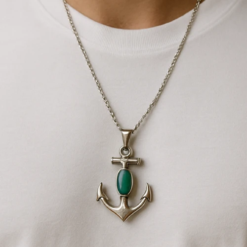 Close-up of a silver anchor pendant with a green gemstone, worn over a plain white T-shirt.
