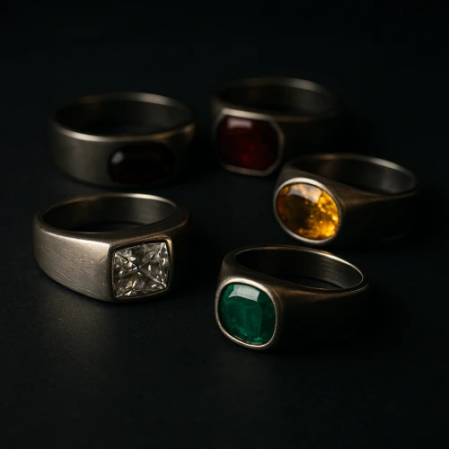 Five gemstone rings for men displayed on a dark background, featuring diamond, emerald, citrine, and garnet stones in rugged metal settings.