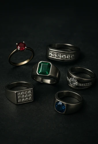 Collection of five men’s gemstone rings showcasing prong, bezel, channel, pavé, and tension settings on a dark surface.