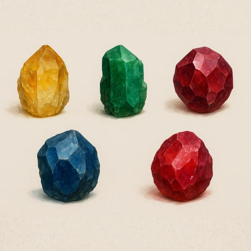 Illustration of five natural gemstones—citrine, emerald, garnet, sapphire, and ruby—displayed on a neutral background.