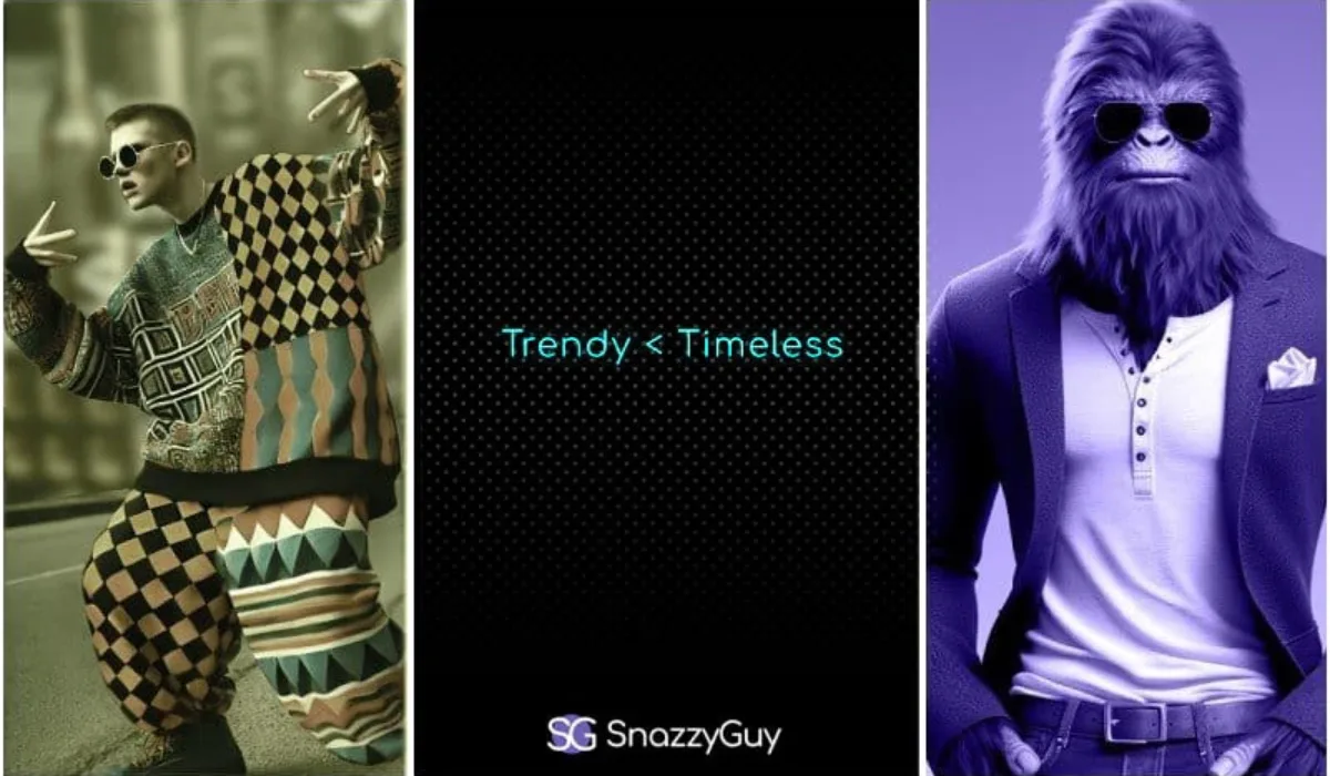 Visual comparison of trendy fashion vs. timeless style, with SnazzyGuy branding and a stylish yeti in sunglasses and a blazer.