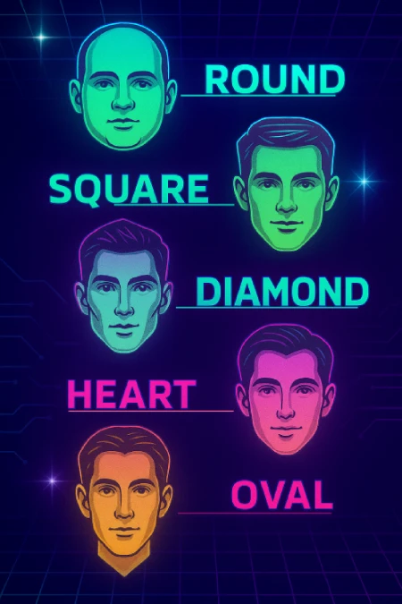 Glasses on face shaes face chart Vertical infographic showing five realistic male face shapes—Round, Square, Diamond, Heart, and Oval—styled with neon colors, retro 1980s design elements, and a futuristic background with circuit patterns and light flares.