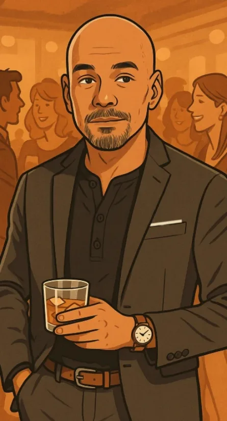 Illustration of a bald man with a trimmed beard wearing a charcoal suit and black henley, holding a glass of whiskey at a party. He wears a brown belt and leather watch, standing confidently in a crowd.