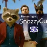 Three stylish men and a raccoon mascot in smart casual outfits with palm trees in the background, representing the Snazzy Casual lifestyle for men.