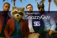Three stylish men and a raccoon mascot in smart casual outfits with palm trees in the background, representing the Snazzy Casual lifestyle for men.