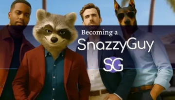 Three stylish men and a raccoon mascot in smart casual outfits with palm trees in the background, representing the Snazzy Casual lifestyle for men.