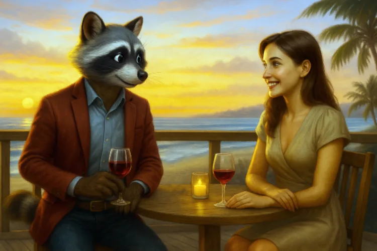 guys spring outfits date night 1 Stylish raccoon mascot in burgundy blazer spring outfit sitting with woman at tropical sunset dinner, showcasing men's smart casual spring fashion