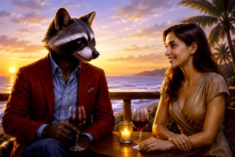 Stylish raccoon mascot in burgundy blazer spring outfit sitting with woman at tropical sunset dinner, showcasing men's smart casual spring fashion