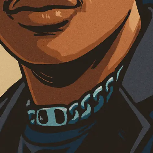 Illustration of a man wearing a chunky silver chain as a bold example of men’s chain styles.