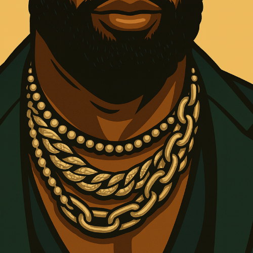Men's Chains - beckham Illustration of a man's neck wearing multiple gold and pearl chains over a green jacket, inspired by luxury menswear styling.