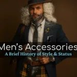 A stylish man with gray curly hair wears various men's accessories, including a tie, lapel pin, watch, satchel, and plaid kilt.