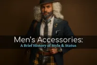 A stylish man with gray curly hair wears various men's accessories, including a tie, lapel pin, watch, satchel, and plaid kilt.