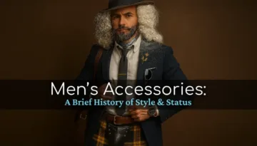 Men's accessories A stylish man with gray curly hair wears various men's accessories, including a tie, lapel pin, watch, satchel, and plaid kilt.