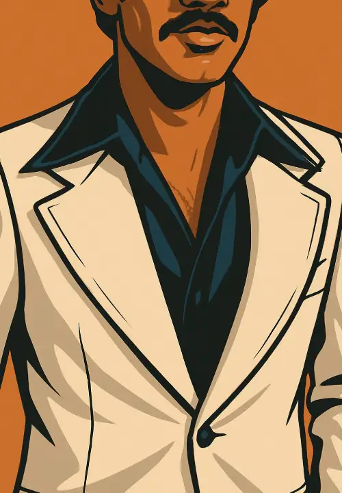 Illustrated man wearing a cream-colored suit jacket with a dark shirt, showcasing retro men's accessories.