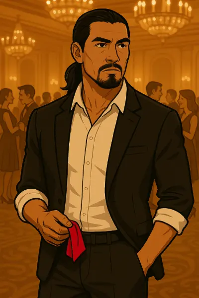 Snazzy Casual lifestyle Moment Man with tied-back black hair in white shirt and black suit holding red pocket square, standing confidently in a warm ballroom – snazzy casual lifestyle