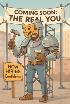 Cartoon-style illustration of a man wearing medieval armor with casual jeans, holding a coffee and a hammer, standing inside scaffolding under a banner that says “Coming Soon: The Real You.” A yellow sign nearby reads “Now Hiring Confidence,” visually showing Self Improvement for Men