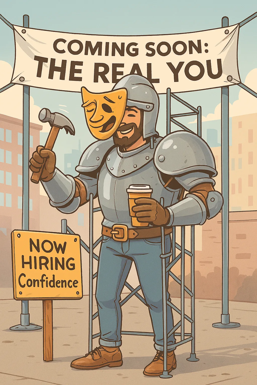 Cartoon-style illustration of a man wearing medieval armor with casual jeans, holding a coffee and a hammer, standing inside scaffolding under a banner that says “Coming Soon: The Real You.” A yellow sign nearby reads “Now Hiring Confidence.”