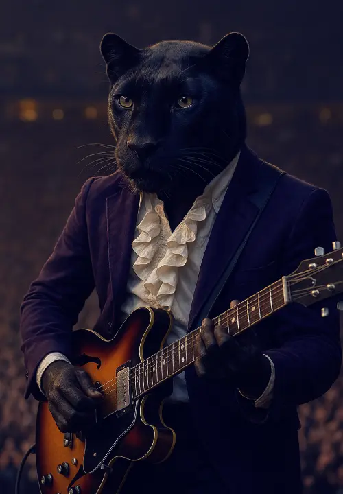A black panther in a velvet jacket and ruffled shirt plays an electric guitar on stage.