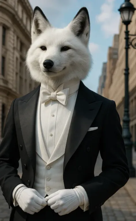 smart casual wear for men white tie A humanoid white fox in a tuxedo with a bow tie standing on a city street, representing smart casual wear for men.