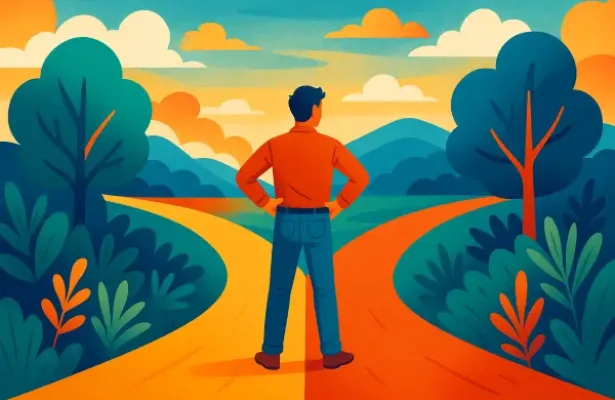 snazzy casual - crossroads An illustrated man stands at a fork in the road in a colorful landscape, deciding which path to take.