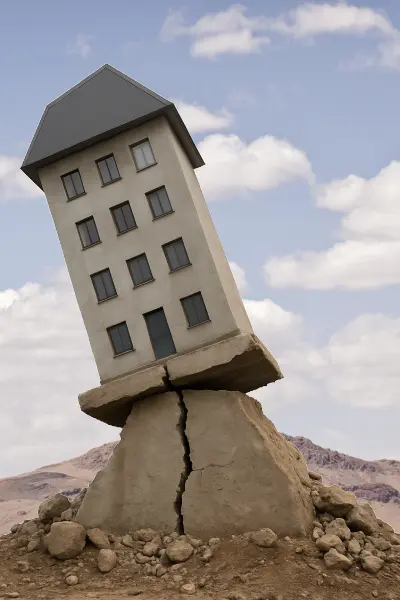 snazzy casual foundation Surreal architectural structure showing a multi-story residential building precariously balanced upside down on a cracked concrete foundation in a desert landscape