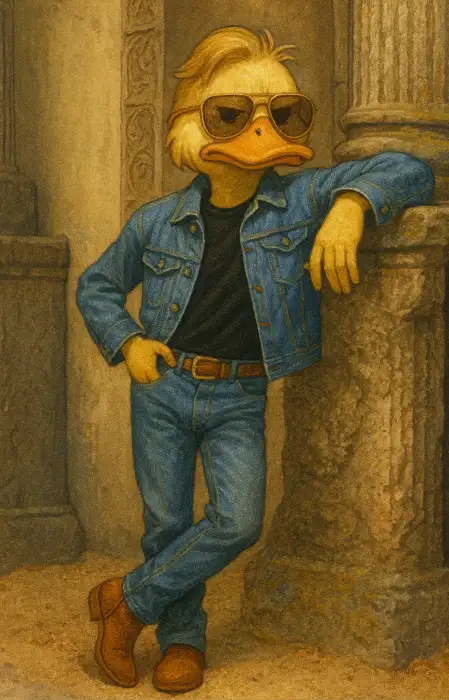 A duck wearing a chambray shirt, denim jacket, and jeans leans against a stone column, styled like Brad Pitt from Once Upon a Time in Hollywood.