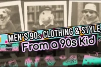 Three animals dressed in retro outfits highlight men's 90s clothing and style in a playful, nostalgic design.