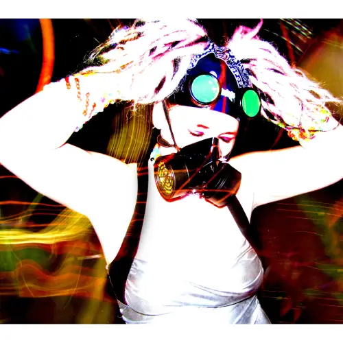 Men's 90s clothing - rave Woman in rave gear with neon accessories and gas mask, styled to reflect men's 90s clothing influences.