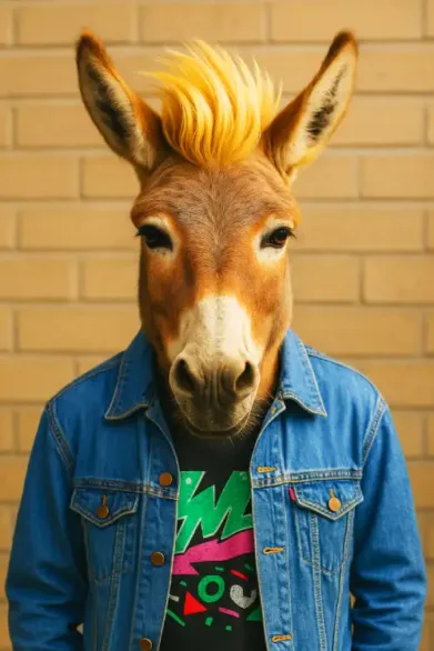 Zack Morris Donkey Donkey with a blonde mohawk wearing a denim jacket and retro graphic t-shirt styled like Zack Morris.