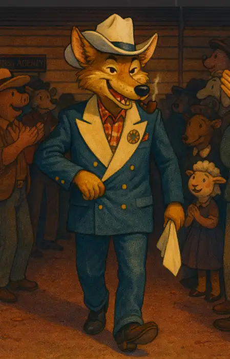 A fox dressed in a blue suit styled like a Bing Crosby Canadian tuxedo and cowboy hat walks confidently through a crowd of farm animals.