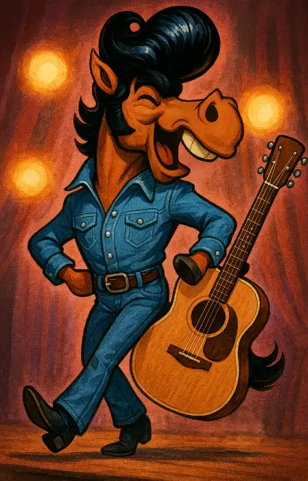 Cartoon horse in a chambray shirt dancing with a guitar on stage.