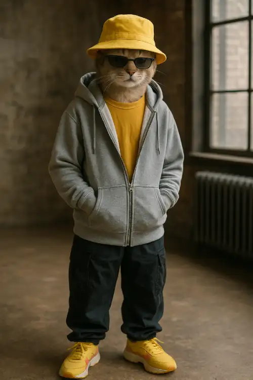 men's 90s clothing - Rave Cat A cat wearing streetwear, including a yellow bucket hat, sunglasses, hoodie, cargo pants, and yellow sneakers.