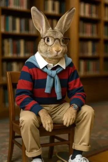 mens 90s clothing - preppy bunny Anthropomorphic rabbit in a library wearing men's 90s clothing, including a striped rugby shirt, khakis, and sneakers.