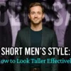 A confident man in a dark blazer stands against a bold backdrop with the text "Short Men's Style: How to Look Taller Effectively."