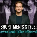A confident man in a dark blazer stands against a bold backdrop with the text "Short Men's Style: How to Look Taller Effectively."