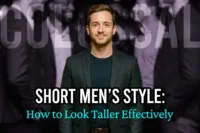 A confident man in a dark blazer stands against a bold backdrop with the text "Short Men's Style: How to Look Taller Effectively."