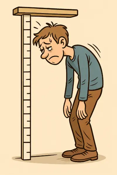 short men's style - slouch Cartoon of a sad man slouching under a height chart, illustrating short men's style concerns.