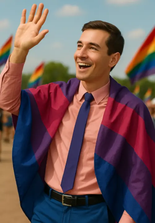 An individual dressed in bisexual flag colors waves at a Pride event, wearing a cape that highlights bold Pride outfits.