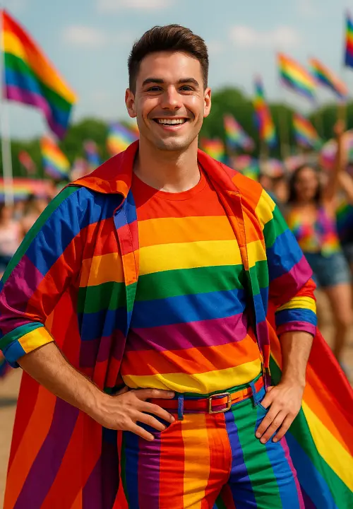 A gay man wearing a full rainbow-striped outfit with a cape, celebrating in vibrant Pride outfits at a parade.
