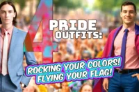 Two stylish individuals in colorful suits stand confidently at a vibrant parade, showcasing bold Pride Outfits.