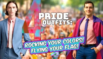 Two stylish individuals in colorful suits stand confidently at a vibrant parade, showcasing bold Pride Outfits.