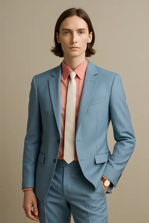 Individual in a pastel blue suit with a pink shirt and white tie, echoing transgender flag colors in elegant Pride outfits.