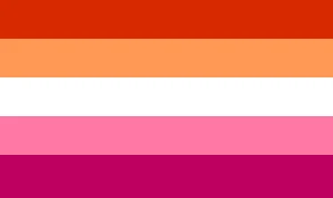 The lesbian pride flag features horizontal stripes in shades of red, orange, white, pink, and magenta, representing pride outfits and identity.