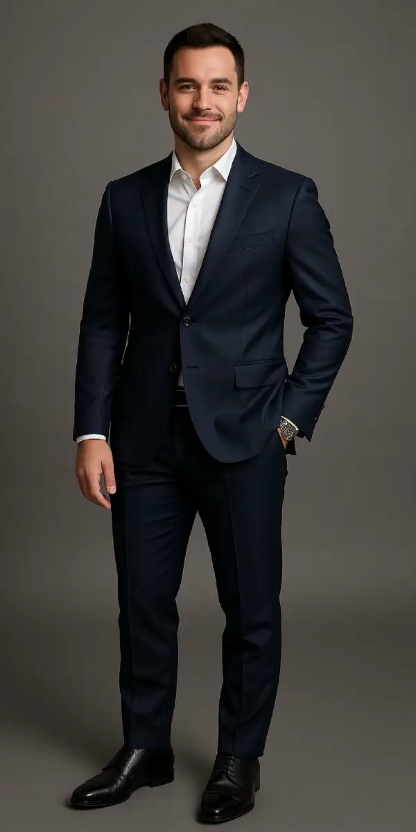 Man in a tailored navy suit confidently poses against a neutral background, representing masculine archetypes.