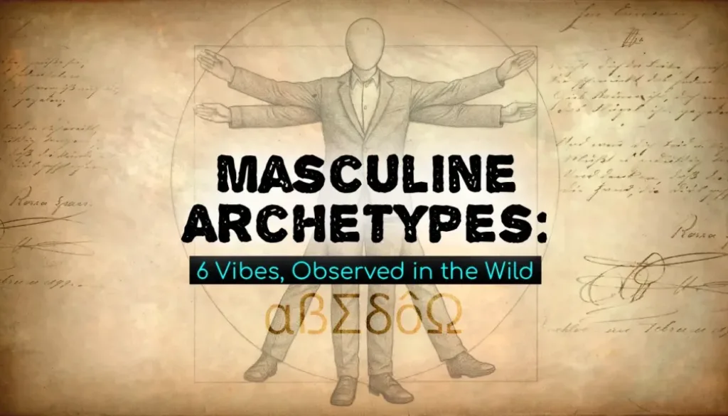 Illustration of a suited Vitruvian-inspired figure with text highlighting masculine archetypes.