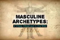 Illustration of a suited Vitruvian-inspired figure with text highlighting masculine archetypes.