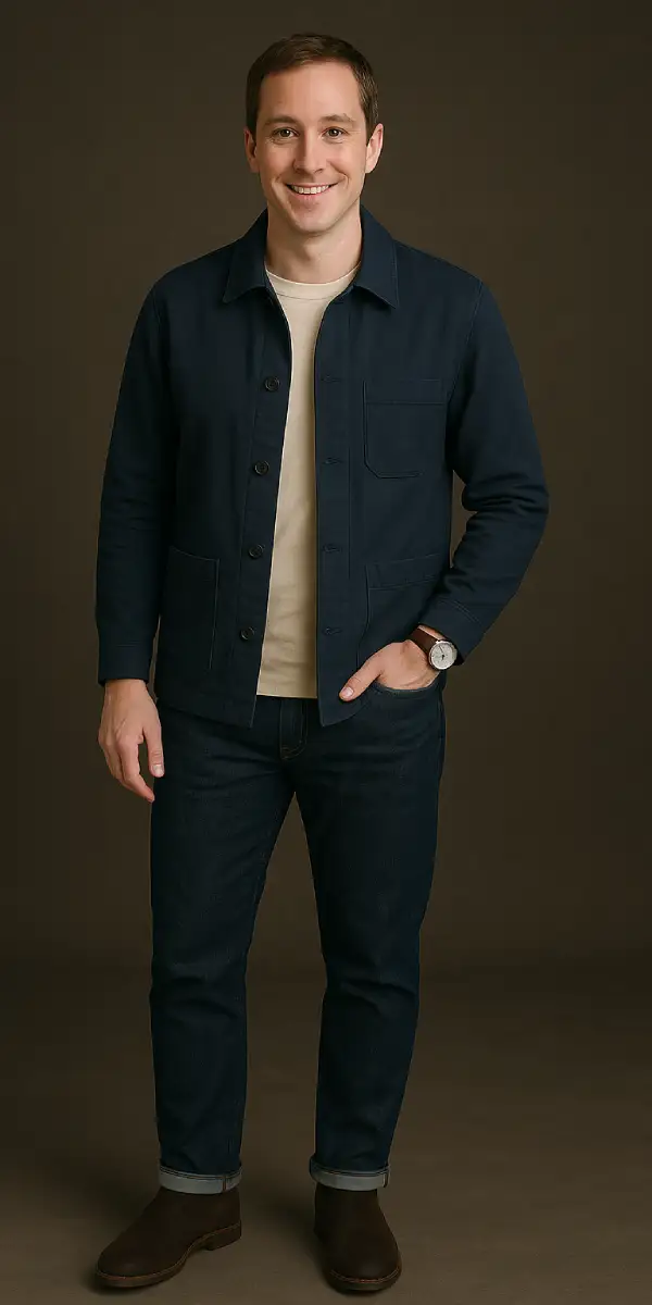 Man in a casual navy jacket and jeans smiles confidently, representing delta masculine archetypes.