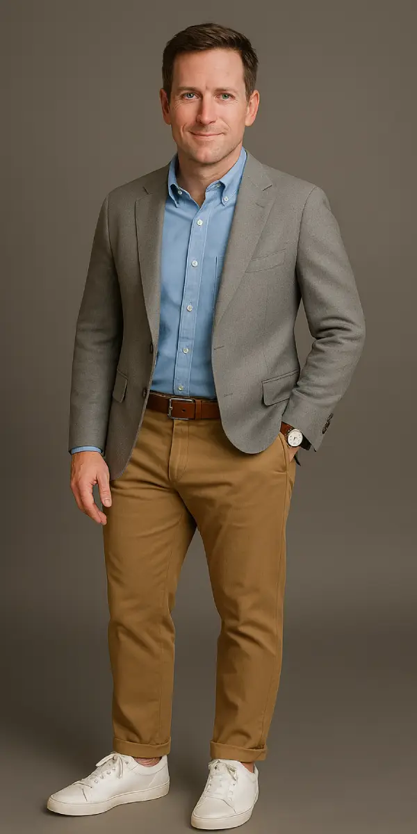 Man in a casual blazer, blue shirt, and khakis stands confidently, representing beta masculine archetypes.
