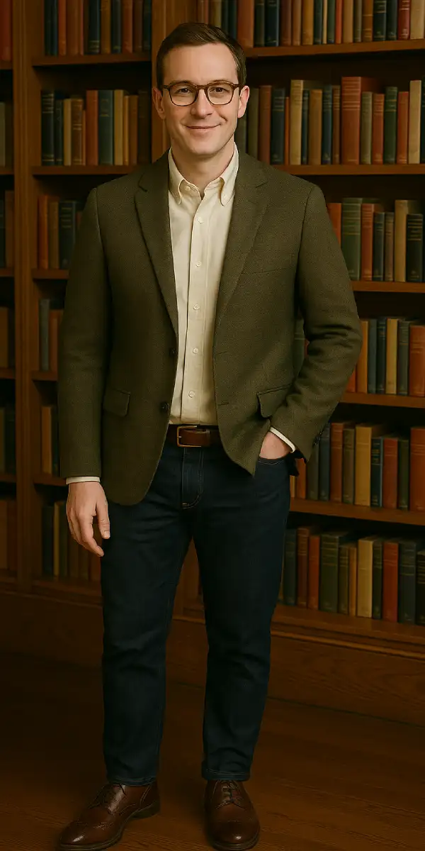 Man in glasses and a smart-casual outfit stands in front of bookshelves, representing gamma masculine archetypes.